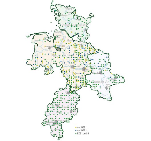 Karte der Punkte, an denen die Bodenzustandserhebung (BZE) der NW-FVA durchgeführt wird
