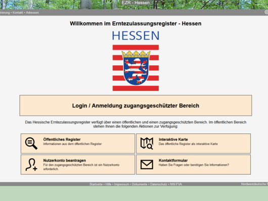 Startseite der Website des Erntezulassungsregisters Hessen