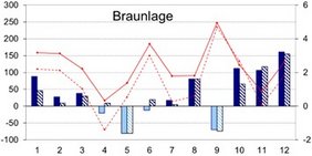 Grafik zu Niederschlägen und Temperatur in 2023 in Braunlage