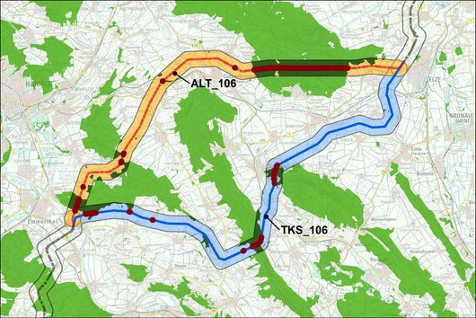 Karte einer GIS-Analyse der Auswirkung von Stromtrassenverläufen auf Wald