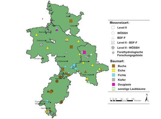 Karte mit Standorten des intensiven Umweltmonitorings in den Trägerländern der NW-FVA