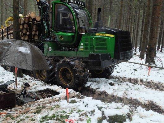 Messinstrumente an einer Rückegasse, die von einem Erntefahrzeug befahren wird.