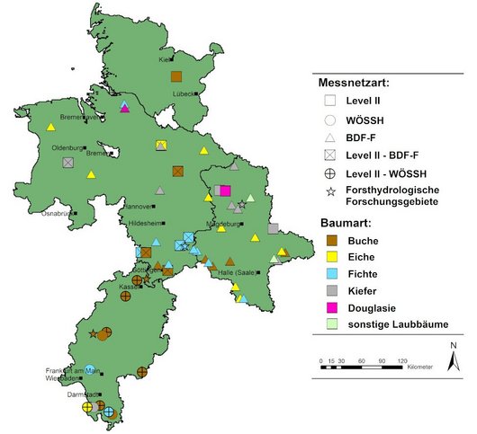 Karte mit Standorten des intensiven Umweltmonitorings in den Trägerländern der NW-FVA